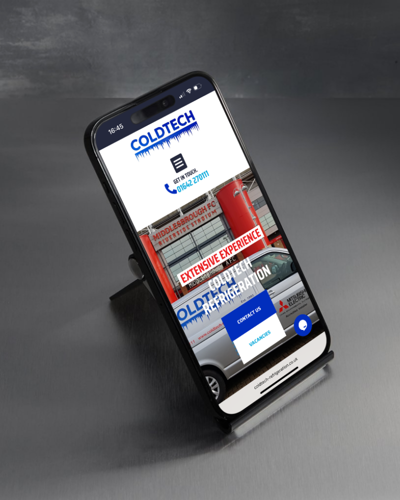 mockup of Coldtech Refrigeration website on mobile device